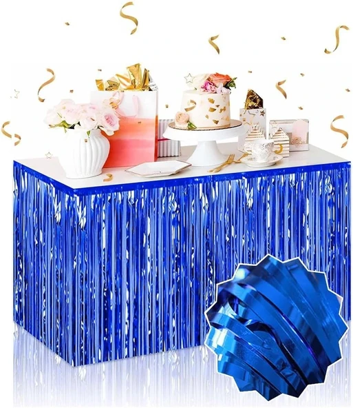 Kendinden Yapışkanlı Mavi Metalize Püsküllü Masa Eteği - 75 X 275 Cm Parti Süslemesi ürün görseli