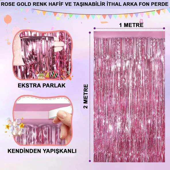 Rose Gold Renk Ekstra Metalize Parlak Saçaklı Arka Fon Perde İthal A Kalite 1x2 Metre ürün görseli