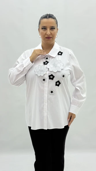 Büyük Beden Düğmeli Çiçek Detaylı Uzun Kol Oversize Kadın Gömlek - Resim 7