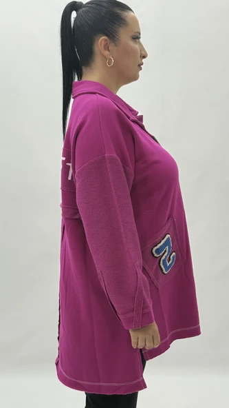 Büyük Beden Yakalı Cepli Sloganlı Uzun Kol Oversize Viskon Kadın Tunik Sweatshirt - Resim 3