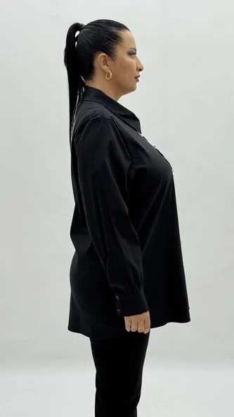 Büyük Beden Düğmeli Çiçek Detaylı Uzun Kol Oversize Kadın Gömlek - Resim 3