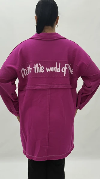 Büyük Beden Yakalı Cepli Sloganlı Uzun Kol Oversize Viskon Kadın Tunik Sweatshirt - Resim 4