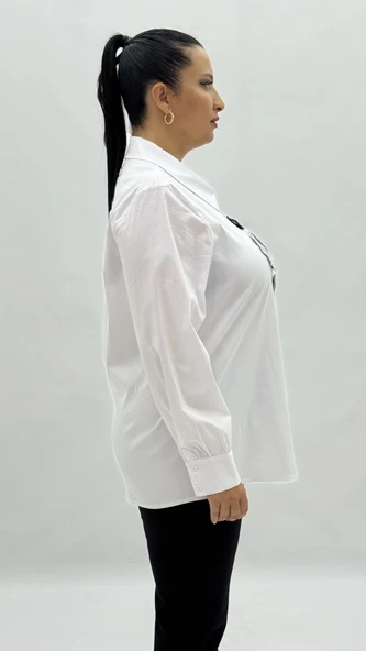 Büyük Beden Düğmeli Çiçek Detaylı Uzun Kol Oversize Kadın Gömlek - Resim 8