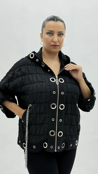 Büyük Beden Kapüşonlu Zincir Detaylı Kısa İnce Rüzgarlık Kadın Ceket - Resim 2