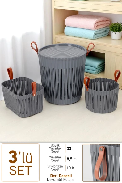Flex 3lü Banyo Seti Deri Desenli Kulplu Lüx Banyo Mutfak Organizeri Çamaşır Sepeti Düzenleyici Antrasit ürün görseli