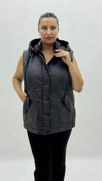 Büyük Beden Fermuarlı Kapüşonlu Cepli Kadın Uzun Yelek - Resim 2