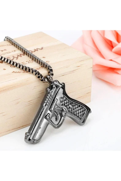 Tabanca Modelli Erkek Kolye - Siyah - Resim 2