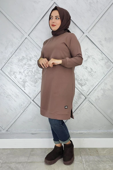 KADIN ETİKET DETAYLI TAKMA KOL TESETTÜR TUNİK - Resim 7