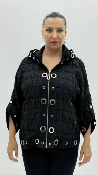 Büyük Beden Kapüşonlu Zincir Detaylı Kısa İnce Rüzgarlık Kadın Ceket ürün görseli