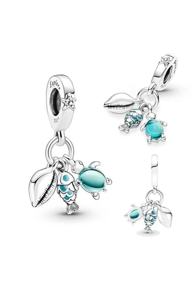 925 Ayar Gümüş Balık, Deniz Kaplumbağası Ve Deniz Kabuğu Üçlü Sallantılı Charm ürün görseli