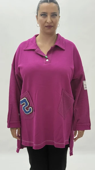 Büyük Beden Yakalı Cepli Sloganlı Uzun Kol Oversize Viskon Kadın Tunik Sweatshirt ürün görseli