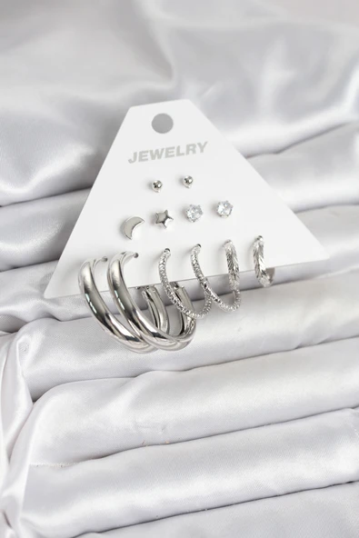 Pirinç Gümüş Renk Halka Modelli 6 Çift Kadın Küpe ürün görseli 1