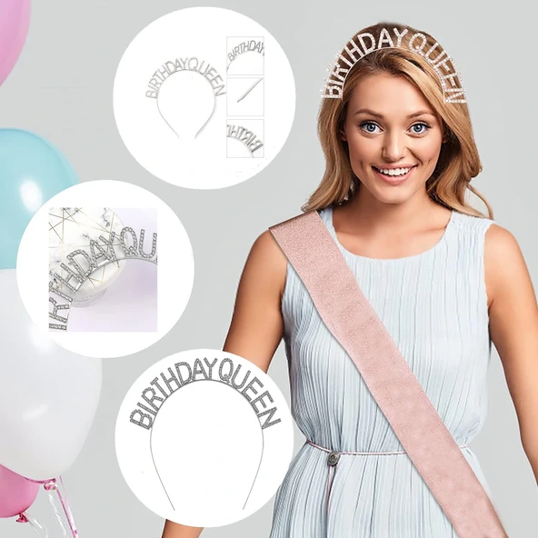 Gümüş Renk Kristal Taşlı Parlak Birthday Queen Yazılı Kraliçe Taç 16x17 Cm - Resim 2