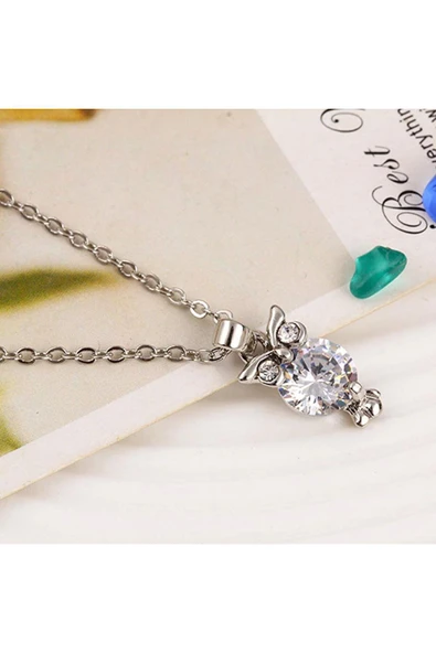 Baykuş Desenli Taşlı Kolye - Gümüş Renk - Resim 3