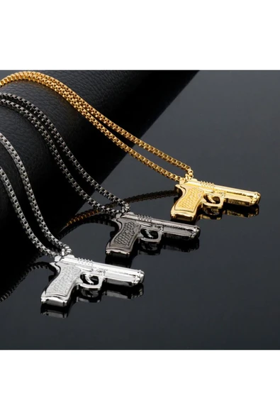 Tabanca Modelli Erkek Kolye - Siyah - Resim 3