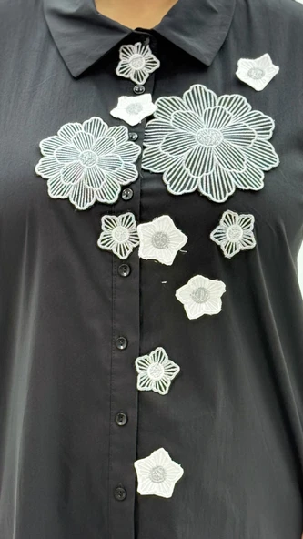 Büyük Beden Düğmeli Çiçek Detaylı Uzun Kol Oversize Kadın Gömlek - Resim 5