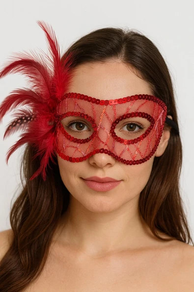 Kırmızı Renk Yandan Tüylü Pul Payet İşlemeli Parti Maskesi 23x12 Cm - Resim 2