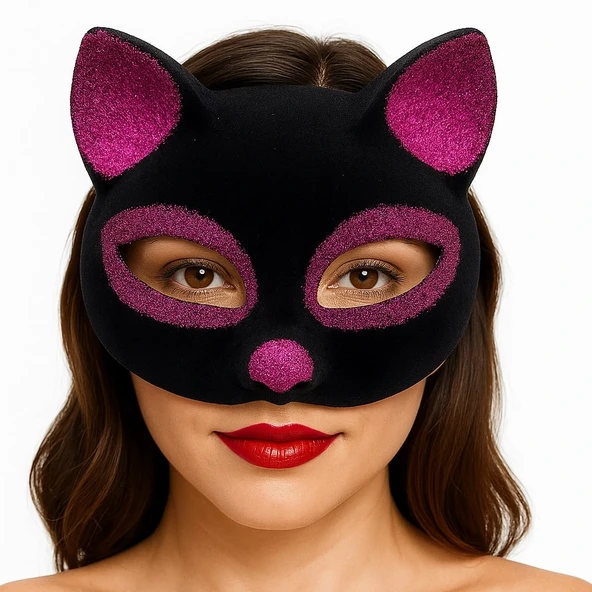 Siyah Renk Fuşya Simli Süet Kaplama Kedi Maskesi 18x14 Cm ürün görseli 1