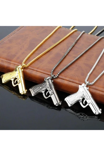 Tabanca Modelli Erkek Kolye - Siyah - Resim 4