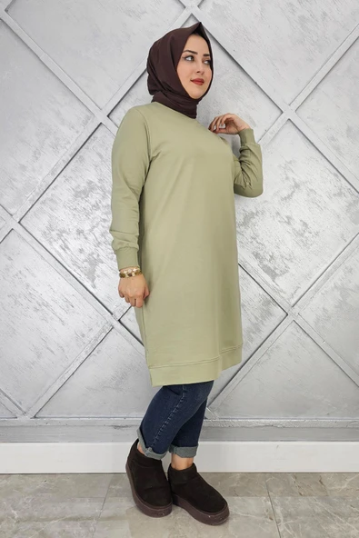 KADIN ETİKET DETAYLI TAKMA KOL TESETTÜR TUNİK - Resim 5
