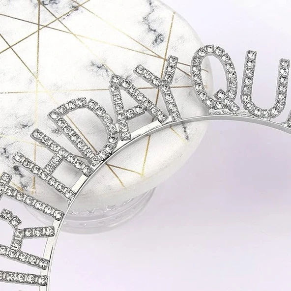 Gümüş Renk Kristal Taşlı Parlak Birthday Queen Yazılı Kraliçe Taç 16x17 Cm - Resim 4