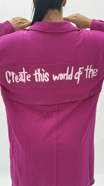 Büyük Beden Yakalı Cepli Sloganlı Uzun Kol Oversize Viskon Kadın Tunik Sweatshirt - Resim 5