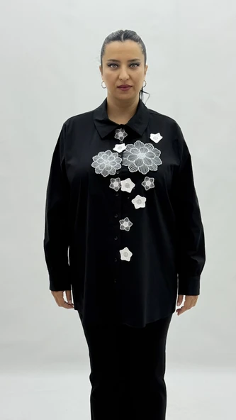 Büyük Beden Düğmeli Çiçek Detaylı Uzun Kol Oversize Kadın Gömlek ürün görseli