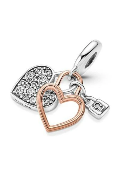 925 Ayar Gümüş Bileklik İçin Kalp ve Kilit Çift Sallantılı Charm - Resim 2