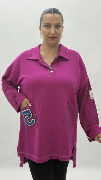 Büyük Beden Yakalı Cepli Sloganlı Uzun Kol Oversize Viskon Kadın Tunik Sweatshirt - Resim 2