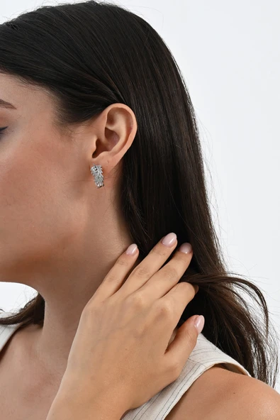 Gümüş rodyumlu zirkon taşlı özel tasarım incili yaprak küpe SGTL13025RODAJ - Resim 3