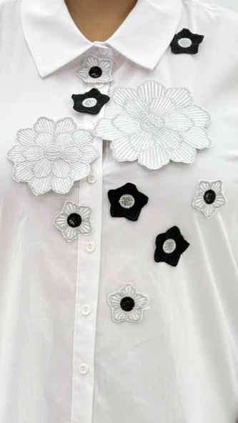 Büyük Beden Düğmeli Çiçek Detaylı Uzun Kol Oversize Kadın Gömlek - Resim 10