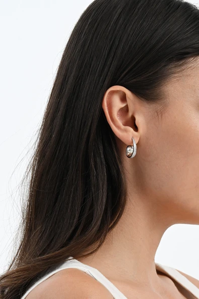 Gümüş rodyumlu zirkon taşlı sarmal model inci küpe SGTL13023RODAJ - Resim 2