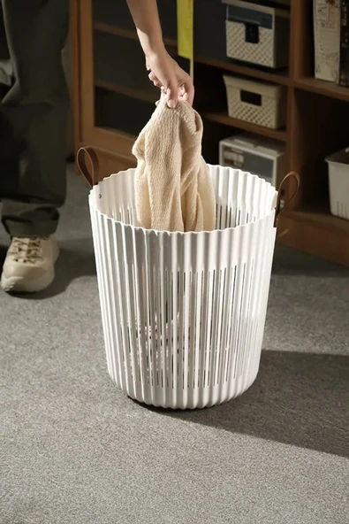 Flex 3lü Banyo Seti Deri Desenli Kulplu Lüx Banyo Mutfak Organizeri Çamaşır Sepeti Düzenleyici Antrasit - Resim 4