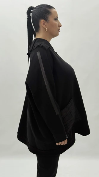 Büyük Beden Pamuklu Asimetrik Cepli Uzun Kol Oversize Kadın Bluz - Resim 2