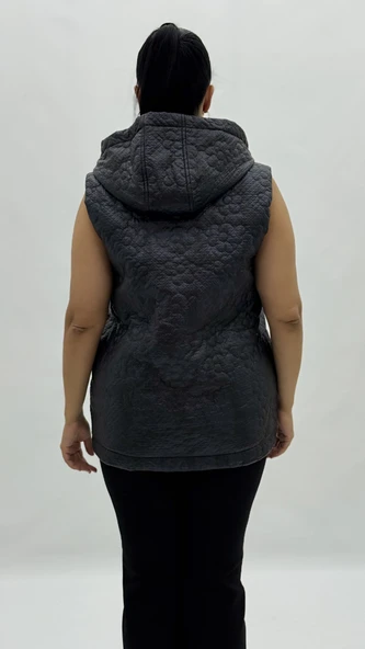 Büyük Beden Fermuarlı Kapüşonlu Cepli Kadın Uzun Yelek - Resim 4