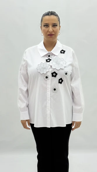 Büyük Beden Düğmeli Çiçek Detaylı Uzun Kol Oversize Kadın Gömlek - Resim 6