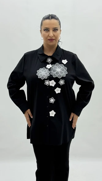 Büyük Beden Düğmeli Çiçek Detaylı Uzun Kol Oversize Kadın Gömlek - Resim 2