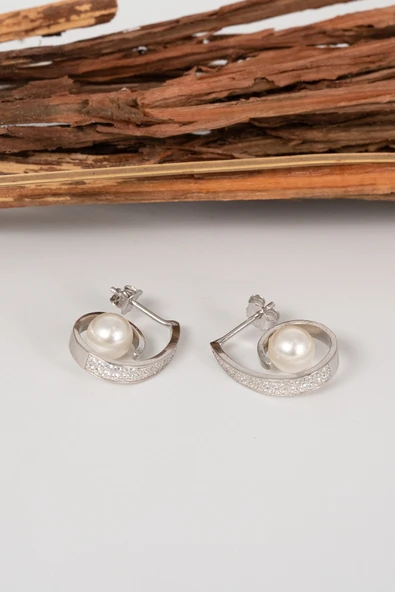 Gümüş rodyumlu zirkon taşlı sarmal model inci küpe SGTL13023RODAJ - Resim 5