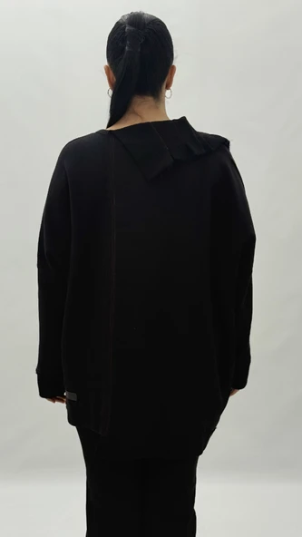 Büyük Beden Pamuklu Asimetrik Cepli Uzun Kol Oversize Kadın Bluz - Resim 3