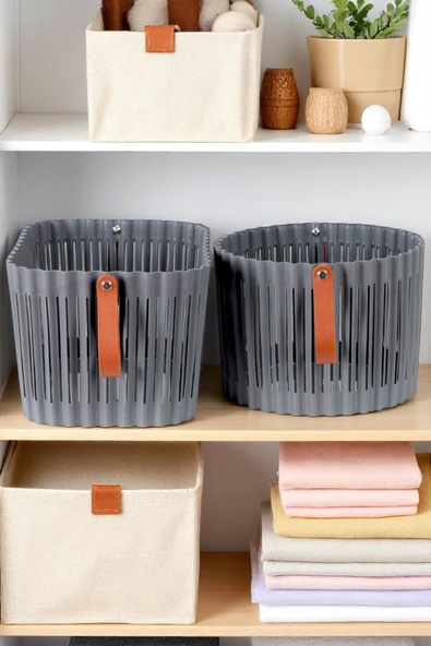 Flex 3lü Banyo Seti Deri Desenli Kulplu Lüx Banyo Mutfak Organizeri Çamaşır Sepeti Düzenleyici Antrasit - Resim 2