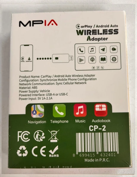 Mpia CP2 Kablosuz Car Play Adaptörü Android Cihazlar Için Wireless Carplay Çevirici - Resim 7