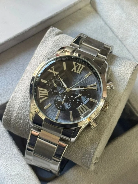 Gümüş Çelik Kordon Erkek Kol Saati Takvimli Siyah Kadran Özel Kutusunda