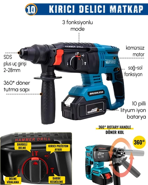 PH291 Akülü 11li Set (Led Işık, Lazer Metre, Somun Sıkma, Dekupaj, Oto Yıkama, Dal Makası, - Resim 12
