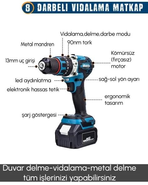 PH291 Akülü 11li Set (Led Işık, Lazer Metre, Somun Sıkma, Dekupaj, Oto Yıkama, Dal Makası, - Resim 8