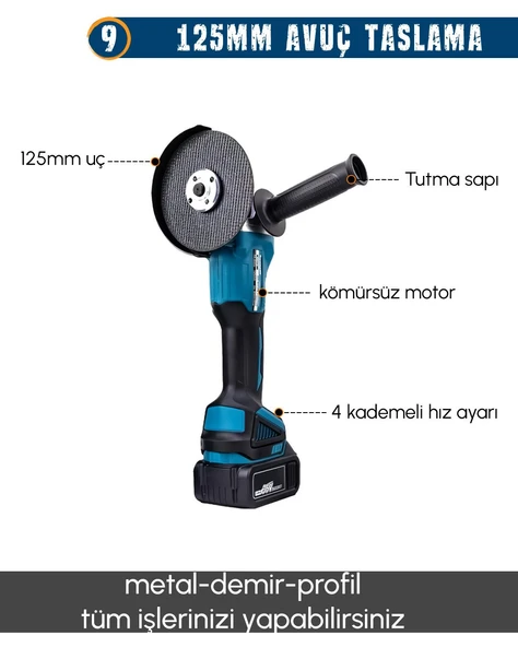 PH291 Akülü 11li Set (Led Işık, Lazer Metre, Somun Sıkma, Dekupaj, Oto Yıkama, Dal Makası, - Resim 11