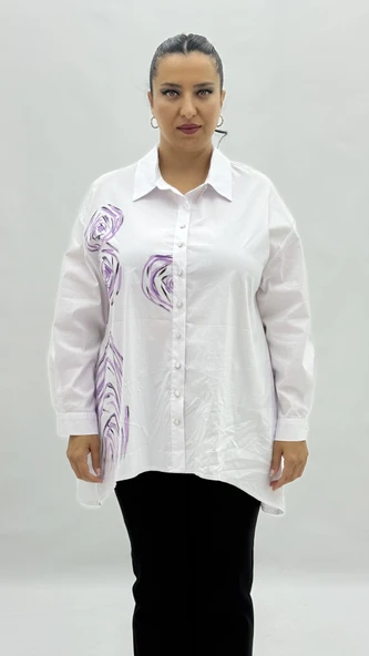 Büyük Beden Pamuklu Düğmeli Uzun Kol Oversize Kadın Gömlek - Resim 11