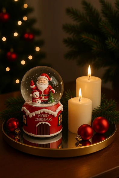 Müzikli Pilli Kardan Adamlı Noel Babalı Sulu Kar Küresi ürün görseli