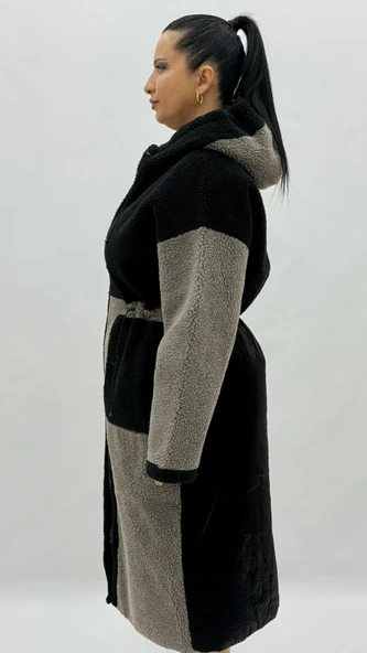 Büyük Beden Kapüşonlu Yün Kadın Uzun Kaban - Resim 3