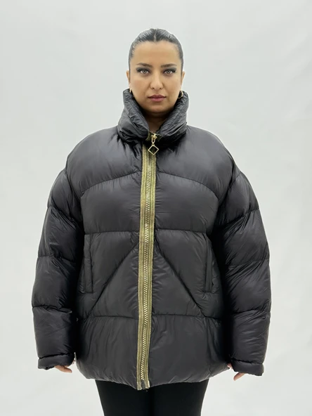 Büyük Beden Altın Fermuarlı Oversize Şişme Kadın Mont ürün görseli