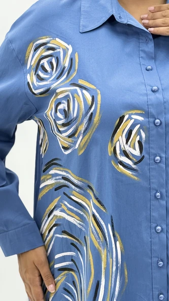 Büyük Beden Pamuklu Düğmeli Uzun Kol Oversize Kadın Gömlek - Resim 5